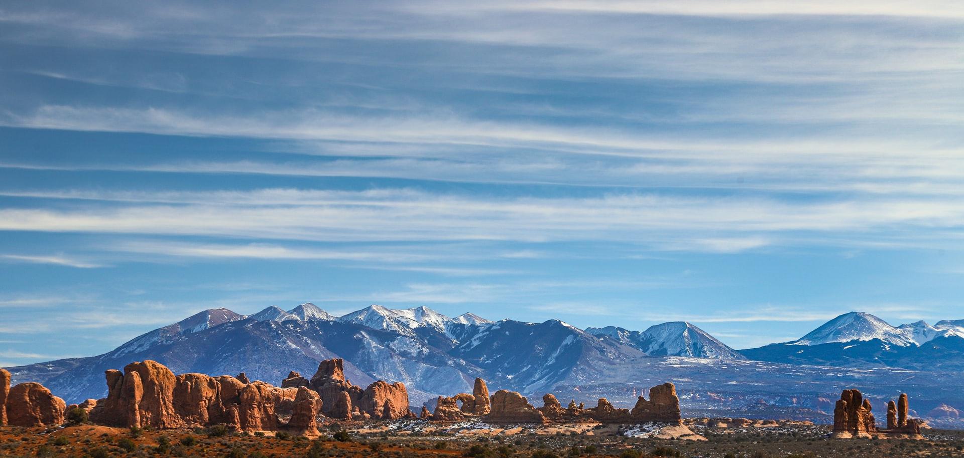 Arches National Park, Utah, USA Overlooking Mt. Waas, Mt. Peale, and South Mountain.