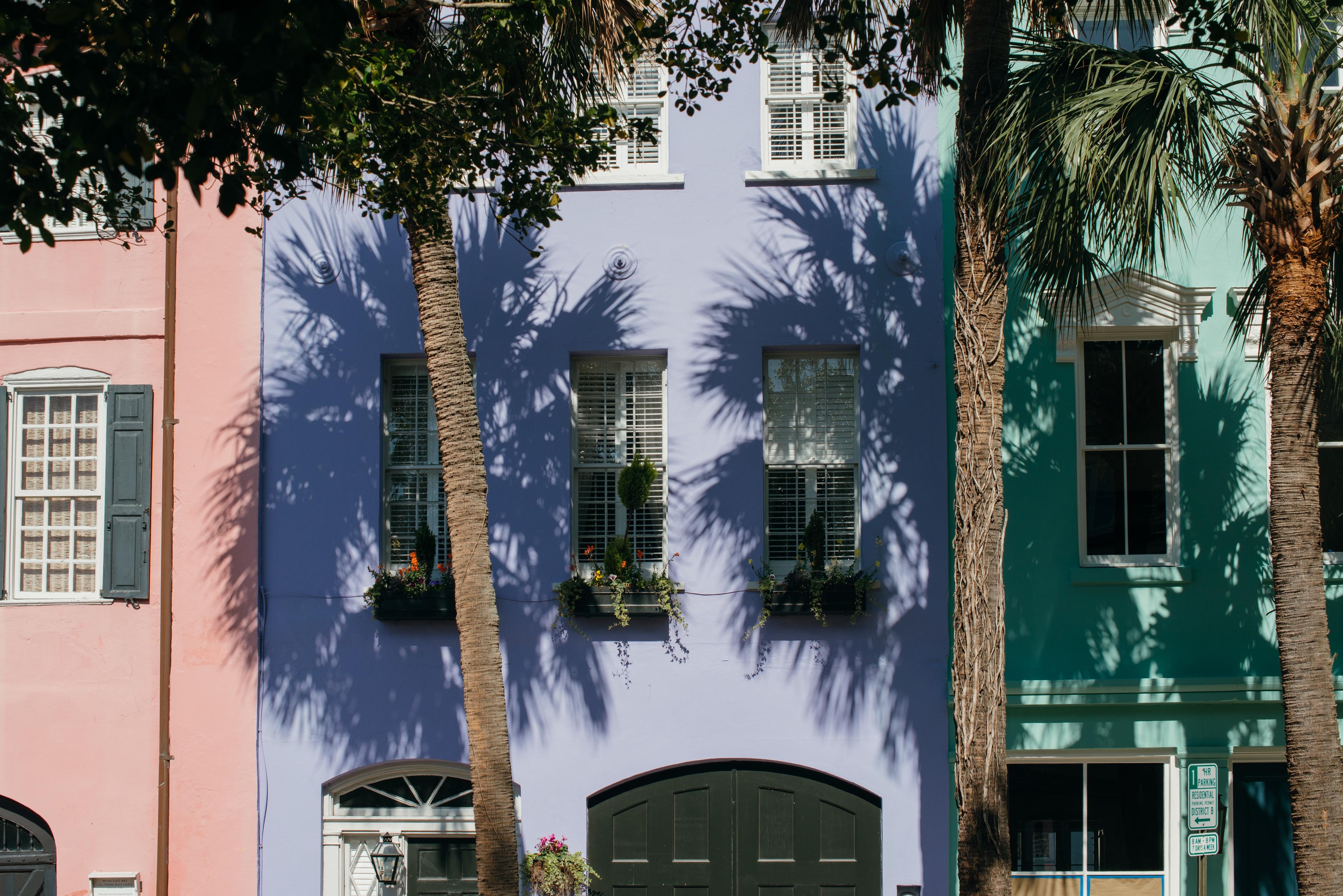 Colorful buildings with flower boxes in Charleston South Carolina. 