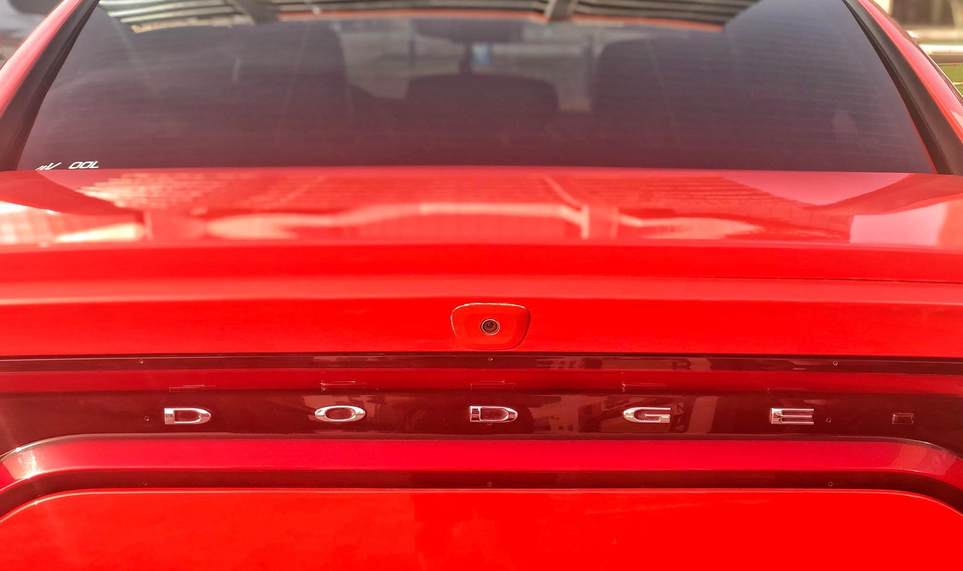 closeup of the back of a red dodge
