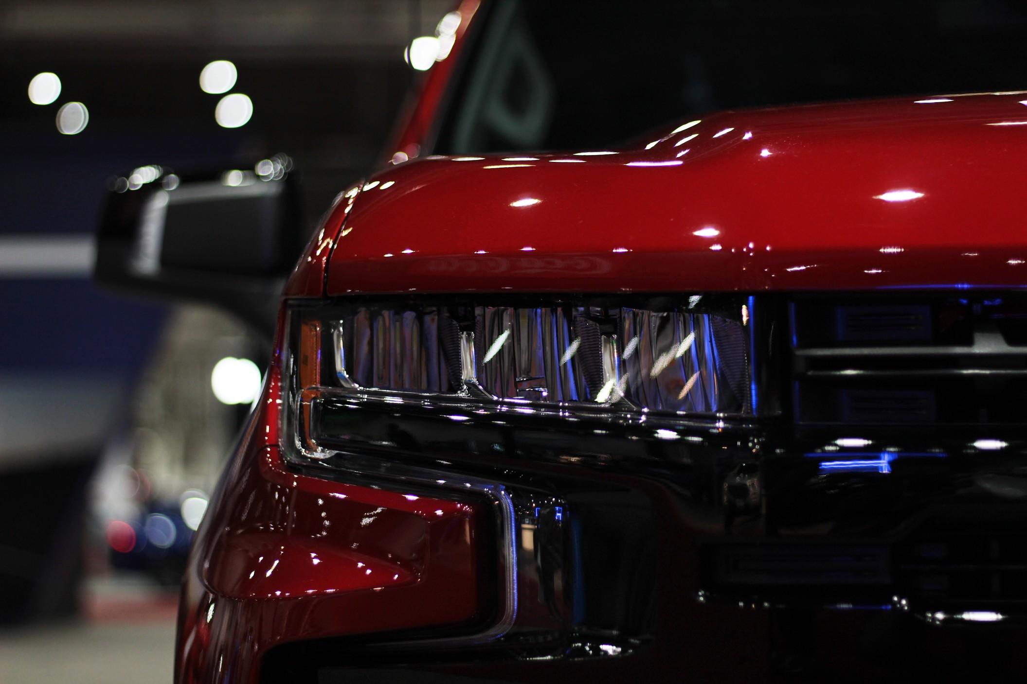 closeup of the front of a red truck