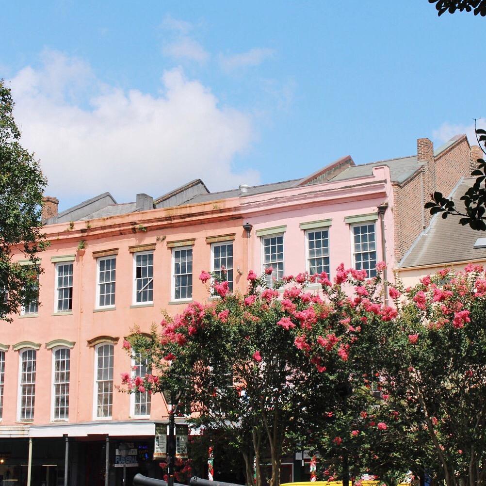 Pink buildings on a summer day on Bourbon Street