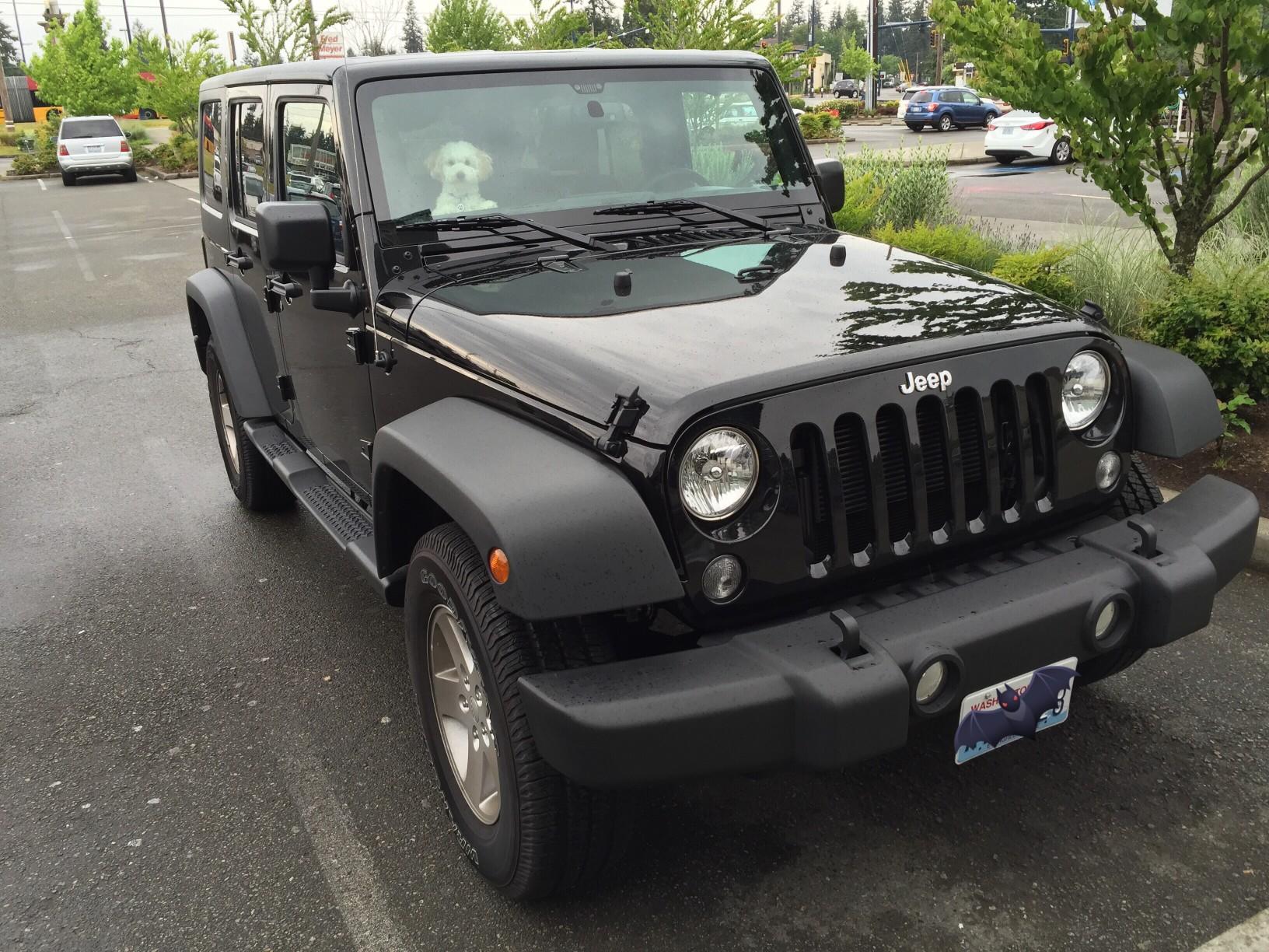 A black Jeep Wrangler in a parking lot.