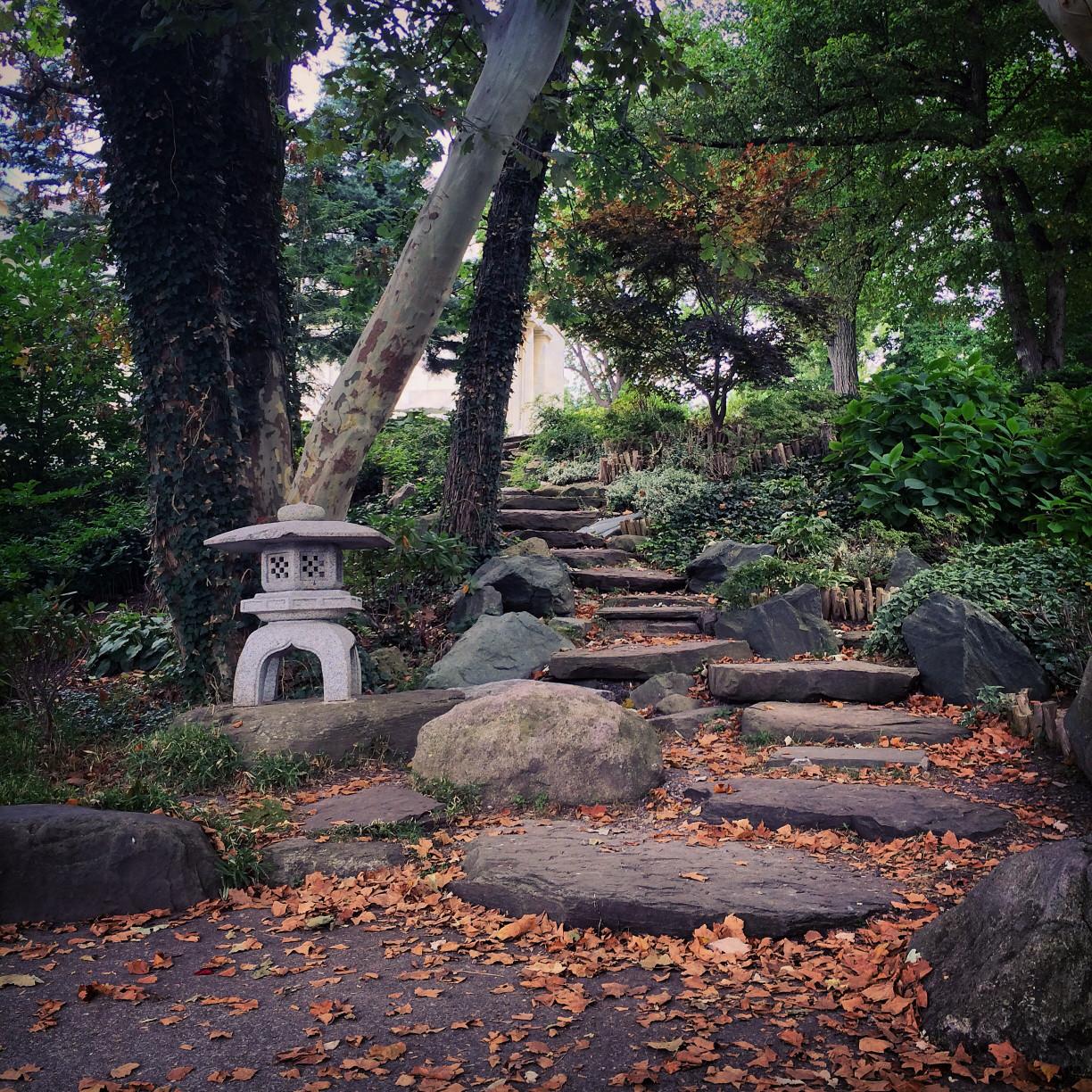 Dark steps made of flat rocks, autumn leaves scattered on the ground surrounding them.