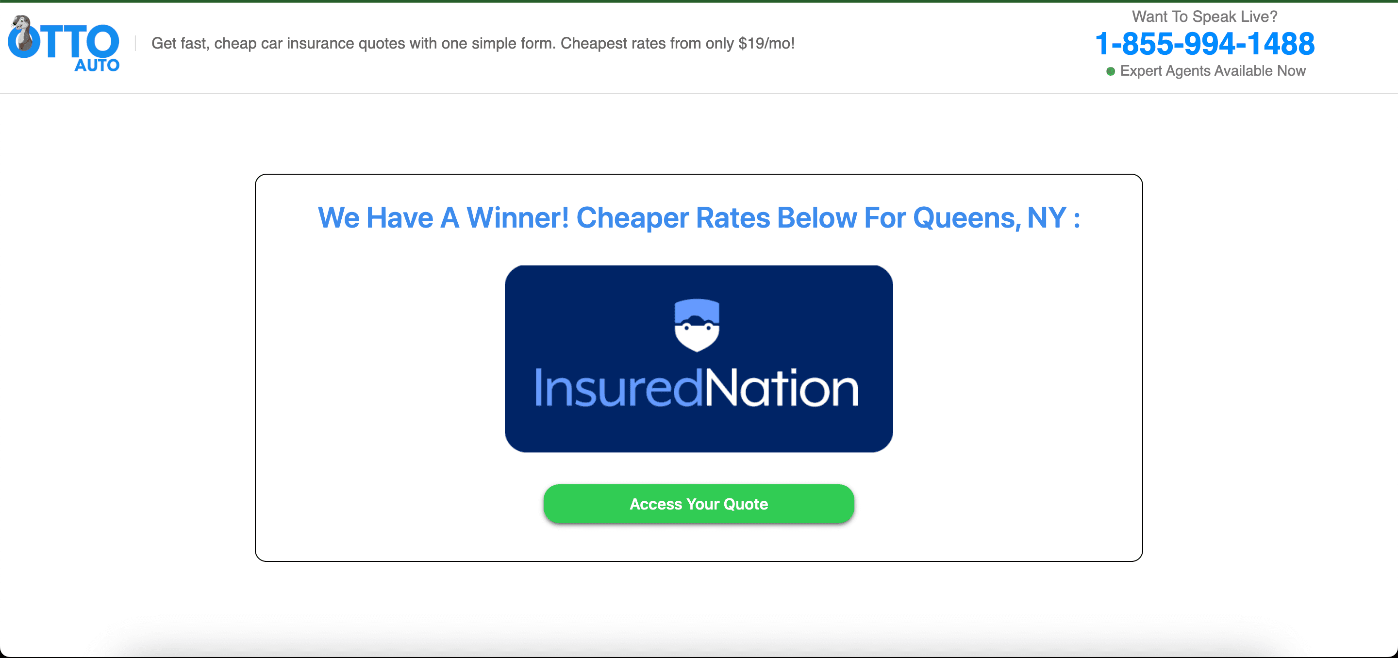 Otto Auto Article Screenshot of one winner from Insured Nation with an access quote button and no other information